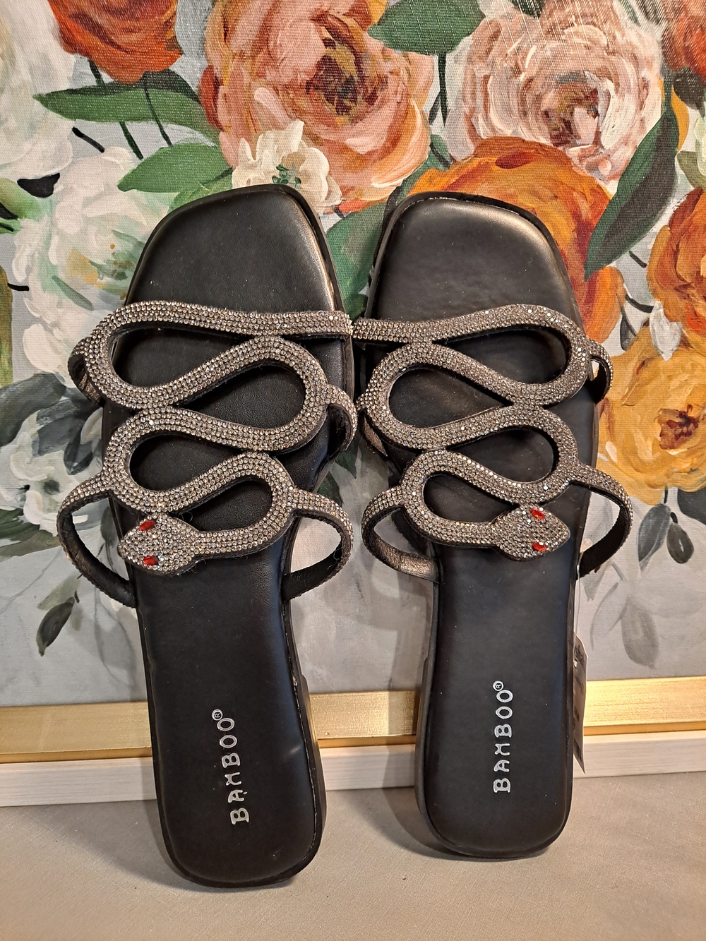 BAMBOO Black Slide Flat Sandals Rhinestone Snake Straps Faux Leather Goth Whimsy